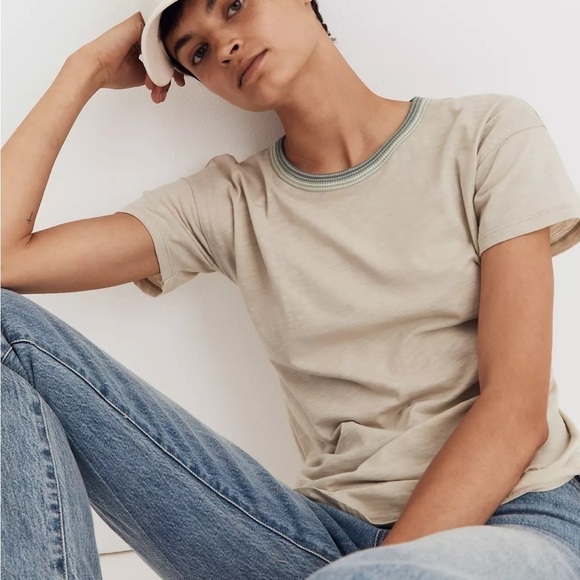 J crew whisper cotton rib crewneck ringer tee sunfaded sage wallow stripes - Picture 1 of 8